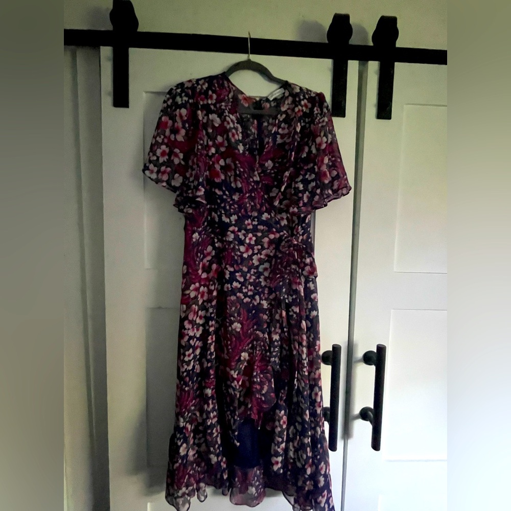 Calvin Klein size 12 Floral Ruffle Midi Dress in Navy and Burgundy